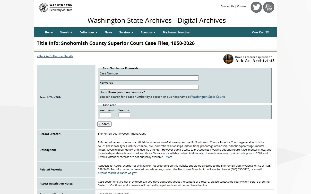 Washington State Digital Archives records portal