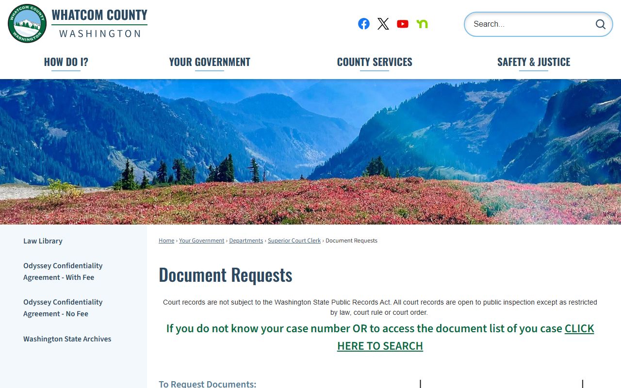 Snohomish County court records access page showing how to request bankruptcy-related state court records
