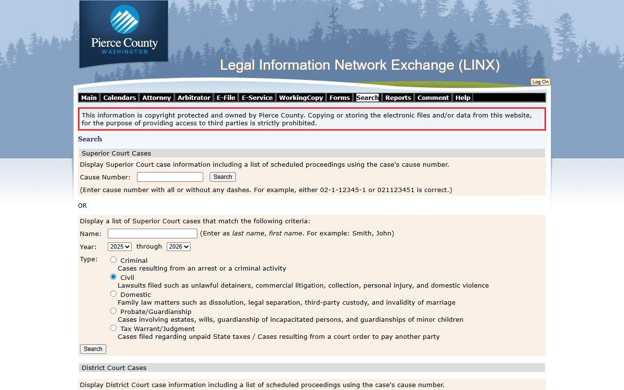 LINX online case search system for Pierce County courts