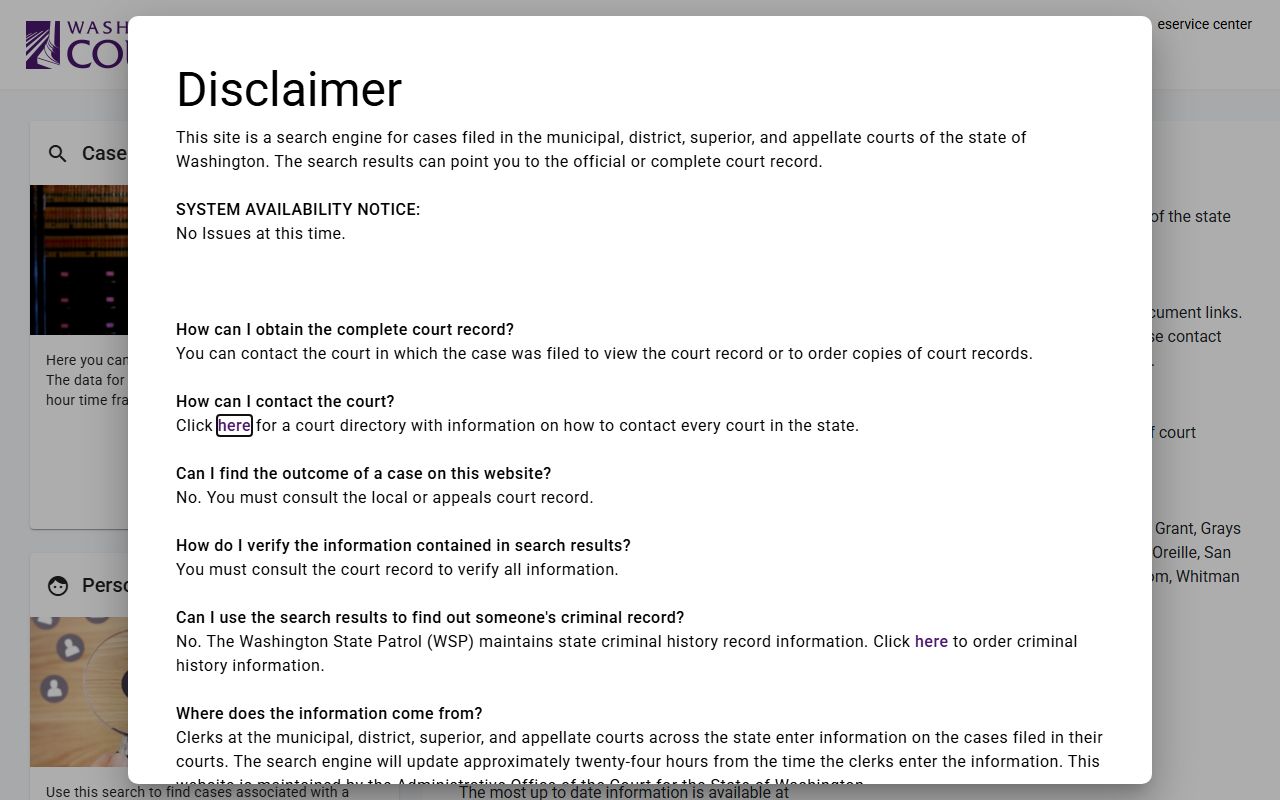 Washington State Courts Name and Case Search portal for bankruptcy record lookups