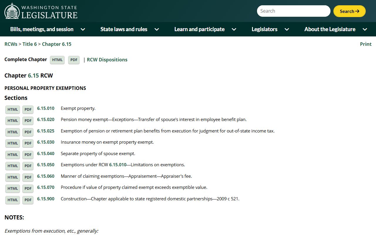 Washington State Legislature RCW 6.15 personal property bankruptcy exemptions