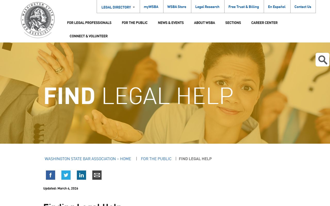 Washington State Bar Association legal help page showing resources for Jefferson County bankruptcy filers